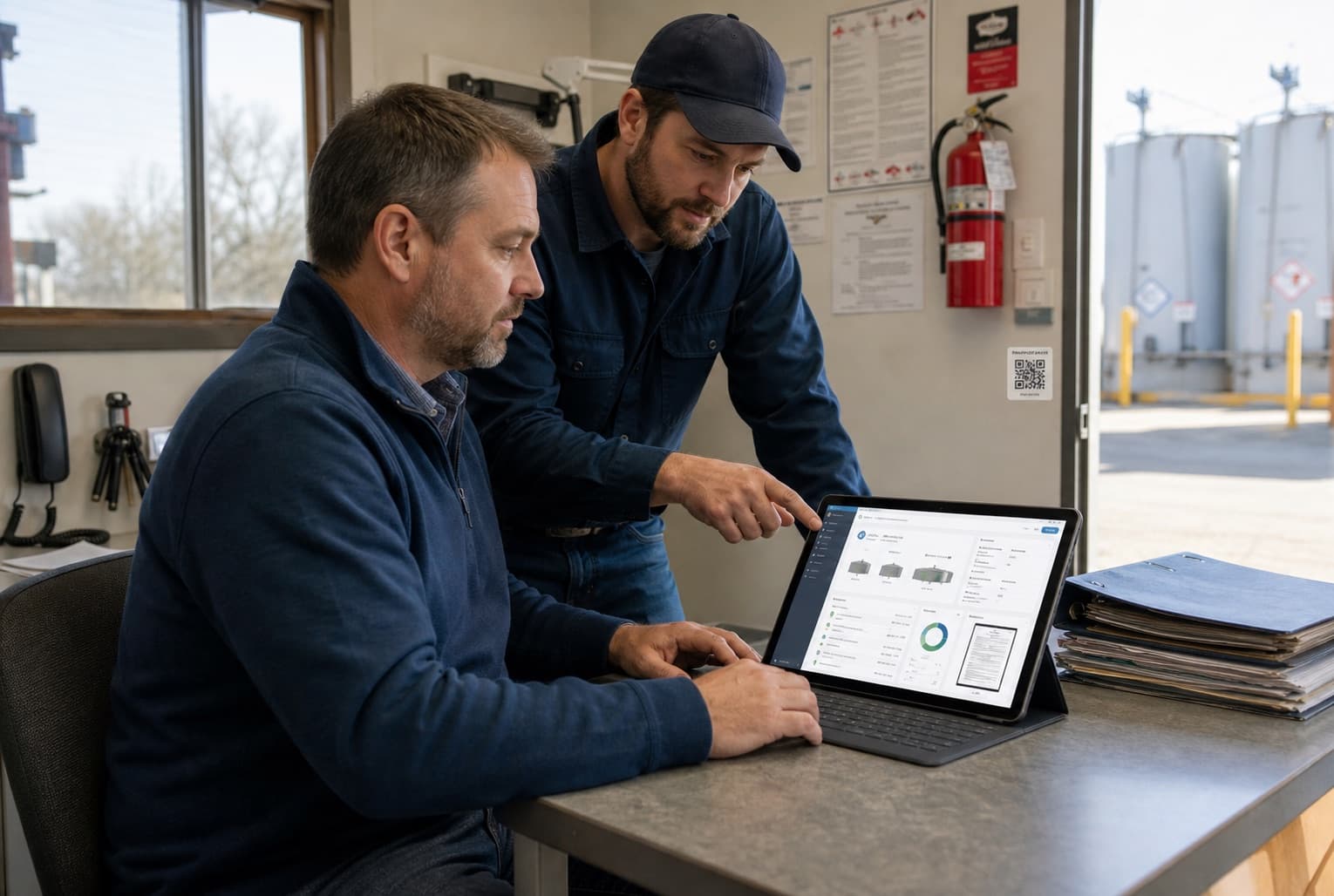 Facility owner and technician reviewing organized TankID tank records