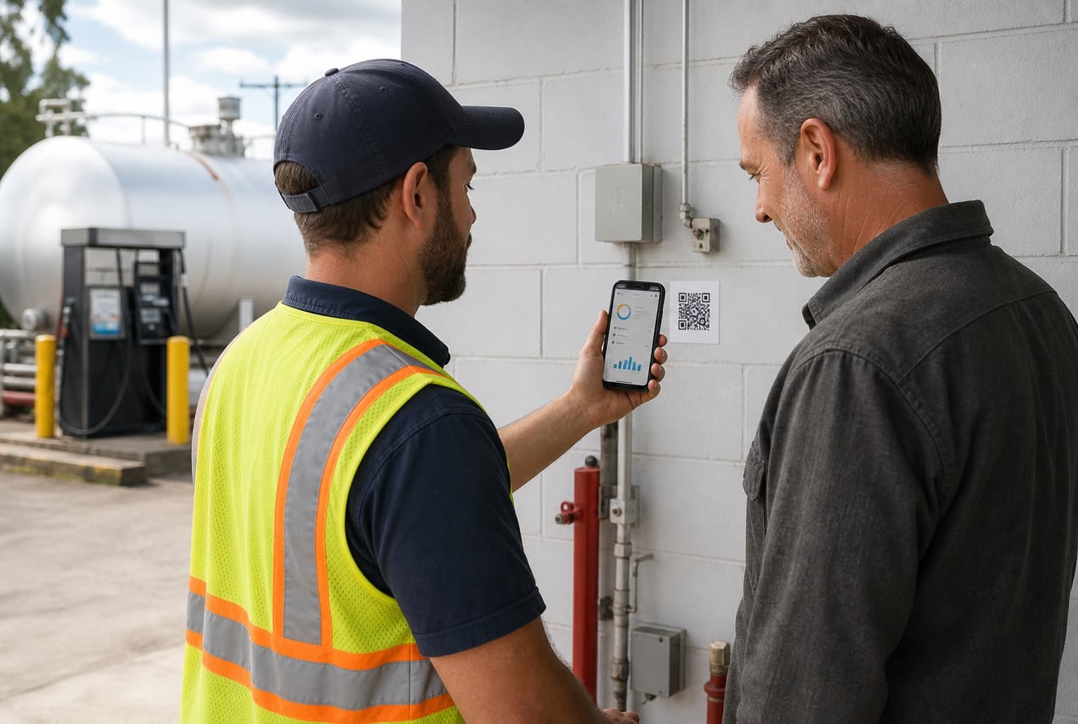 A technician and facility owner reviewing a TankID record on site